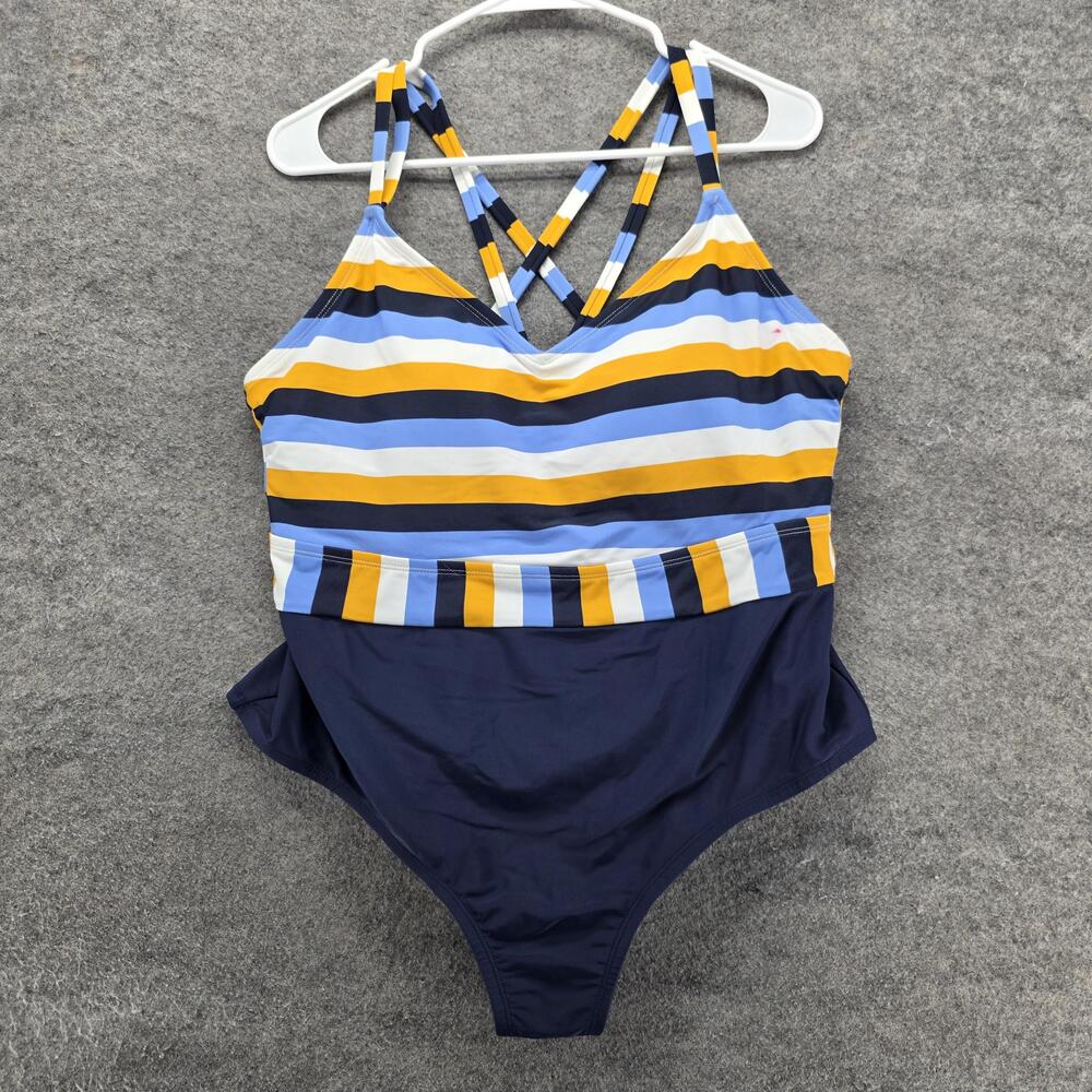 Kona Sol Swimsuit Womens 16W Navy Stripe One Piece Crossback Plus Size Swimwear
